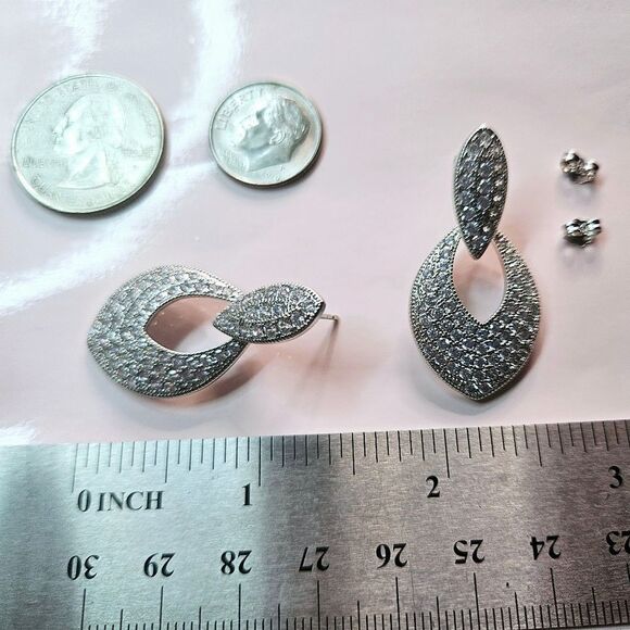 Dainty White Baguette Diamond Dangle Earrings 925 Silver - Picture 5 of 9